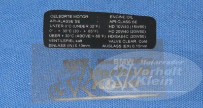 BMW R 60/7 - R 100 RT Bj. 1976 - 1979 Hinweisschild RS rechts bis 78 Ölsorte