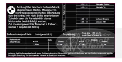 BMW R80G/S R65G/S bis R80ST Hinweisschild Reifenluftdruck G/S