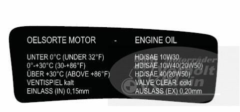 Ölsorte Hinweisschild rechts S Cockpit 1 Ölsorte Hinweisschild rechts S Cockpit 233191 BMW R60/6 - R90/S Ölsorte Hinweisschild rechts S Cockpit